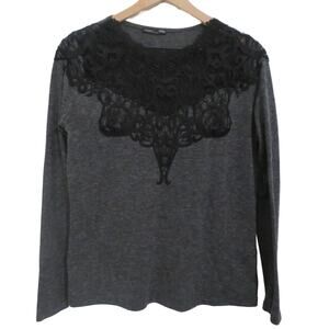 Zara Womens Sz M Dark Gray Black Long Sleeve Top Lace Crochet Neckline